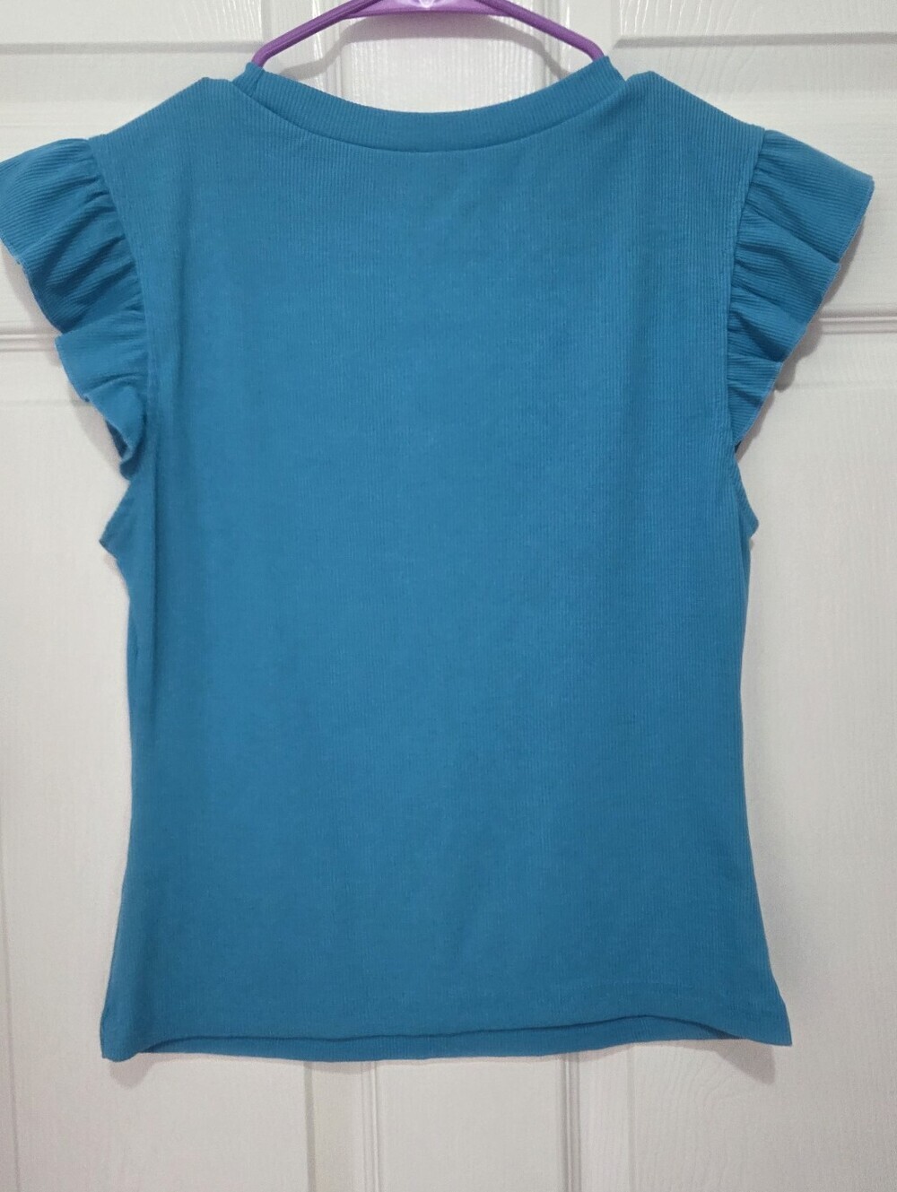 Women Aqua Blue Ribbed Crewneck Ruffle Sleeve Top Size Medium Summer Spring - Picture 5 of 7